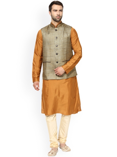 

KISAH Men Brown & Khaki Self Design Kurta with Pyjamas & Nehru Jacket
