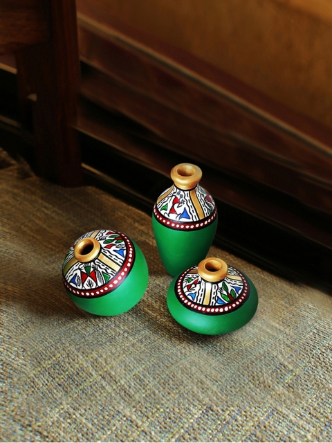 

ExclusiveLane Terracotta Warli Handpainted Miniature Green Pots (Set Of 3)