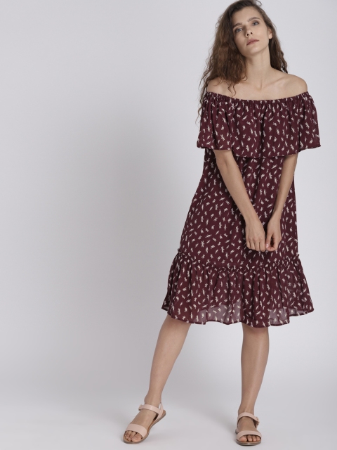 

Chemistry Women Burgundy Printed A-Line Bardot Dress