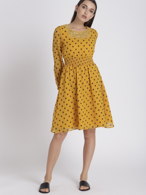 

Chemistry Women Mustard Yellow Printed Cinched Waist Fit and Flare Dress
