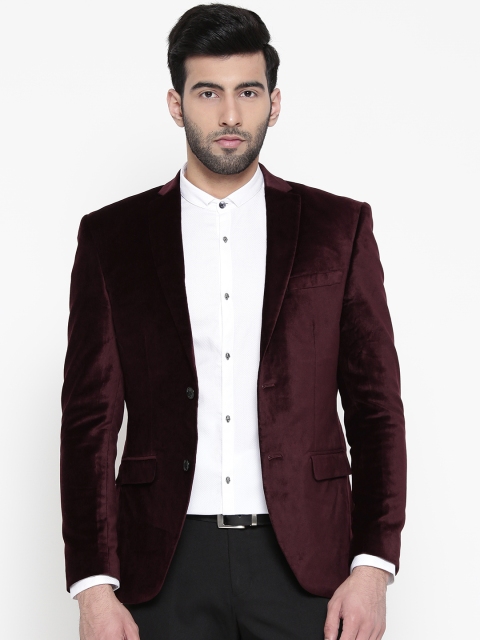 

Blackberrys Maroon Slim Fit Velvet Finish Party Wear Blazer