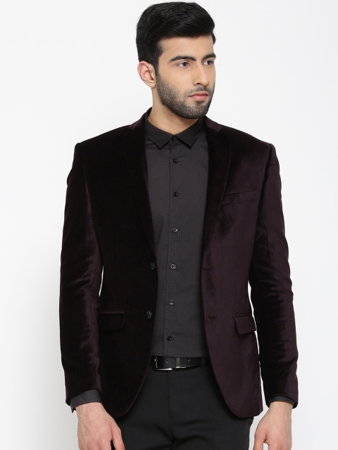 

Blackberrys Aubergine Single-Breasted Slim Velvet-Finish Partywear Blazer, Purple