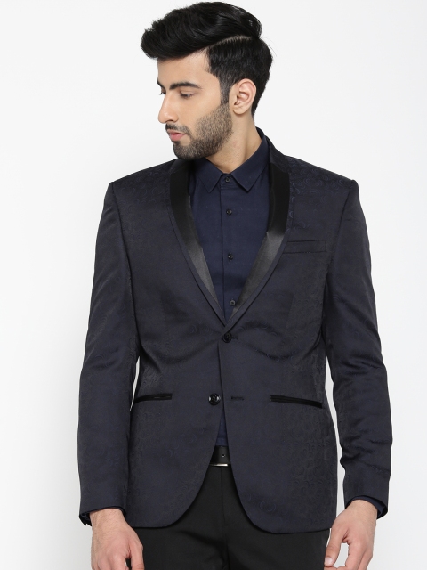 

Blackberrys Navy Self-Design Slim Fit Tuxedo Blazer, Navy blue