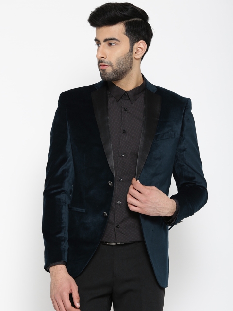 

Blackberrys Navy Single-Breasted Velvet-Finish Slim Partywear Blazer, Navy blue