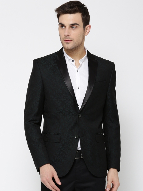 

Blackberrys Black & Teal Green Patterned Single-Breasted Partywear Blazer
