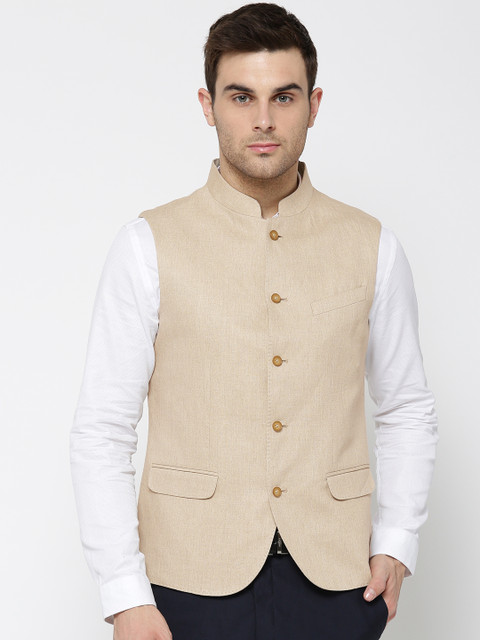 

Blackberrys Beige Linen Solid Slim Fit Nehru Jacket
