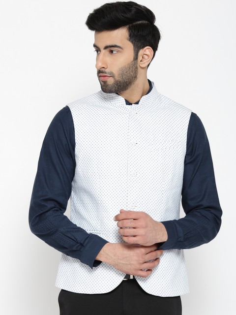 

Blackberrys White & Blue Printed Slim Fit Nehru Jacket