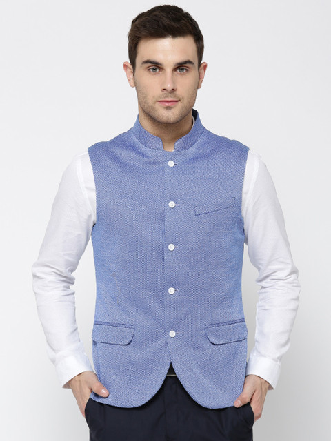 

Blackberrys Blue Self-Design Slim Fit Pure Cotton Nehru Jacket