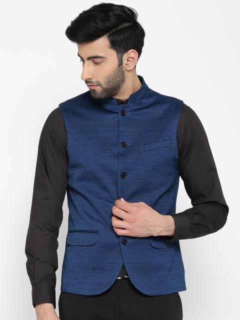 

Blackberrys Blue & Black Patterned Slim Fit Pure Cotton Nehru Jacket