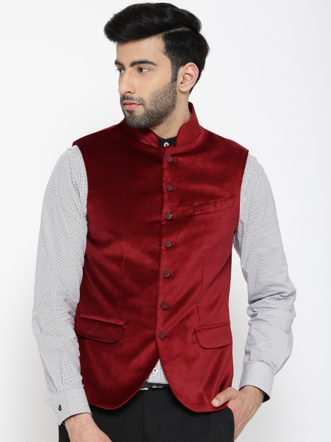 

Blackberrys Red Slim Fit Velvet Finish Nehru Jacket