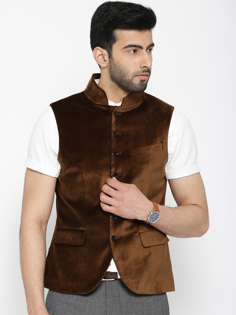 

Blackberrys Brown Velvet Finish Slim Fit Nehru Jacket