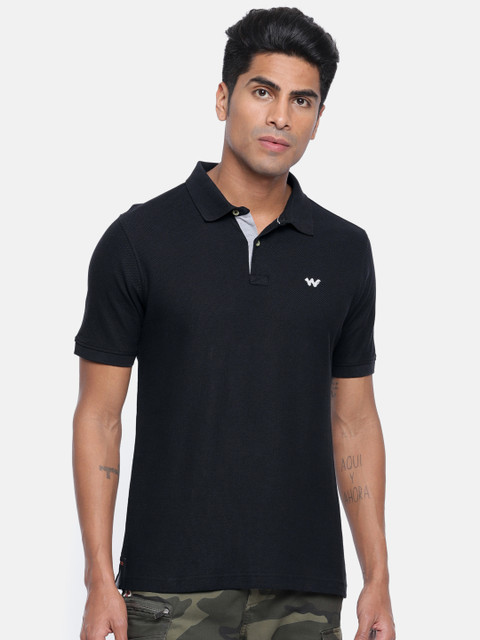 

Wildcraft Men Black Solid Waffle Knit Polo Collar Pure Cotton T-shirt