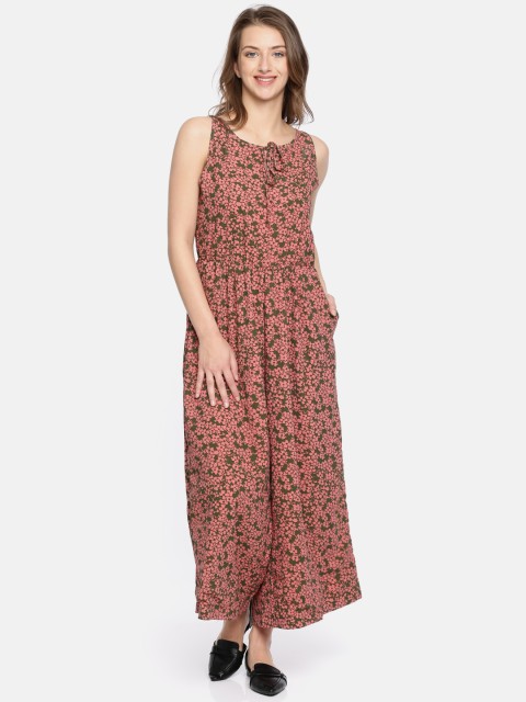 

Chemistry Peach-Coloured & Olive Green Printed Basic Jumpsuit