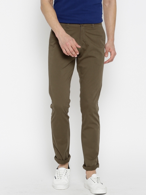 

John Miller Hangout Men Olive Brown Ultra Slim Fit Solid Regular Trousers