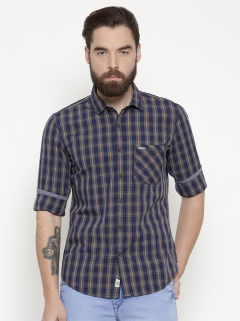 

Indigo Nation Street Men Charcoal Grey & Navy Blue Slim Fit Checked Casual Shirt