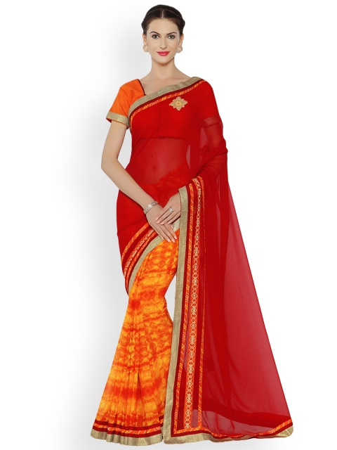 

Indian Women Red & Orange Poly Georgette Embellished Saree