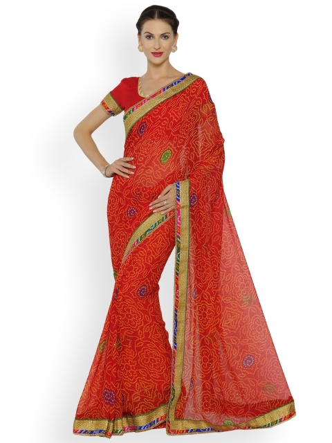 

Indian Women Red Poly Georgette Embellished Bandhani Saree