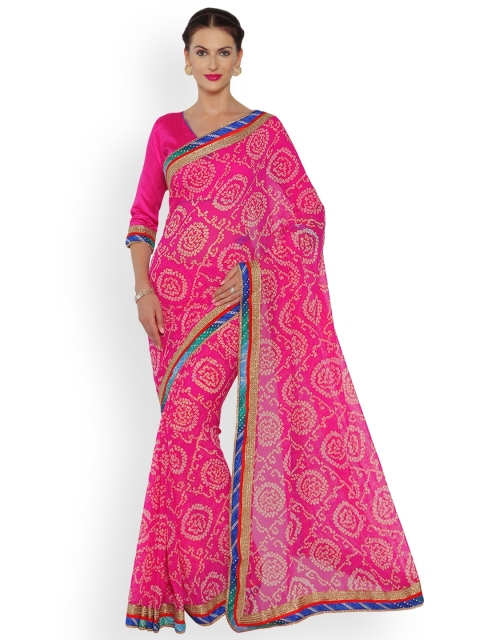 

Indian Women Pink Poly Georgette Embellished Bandhani Saree