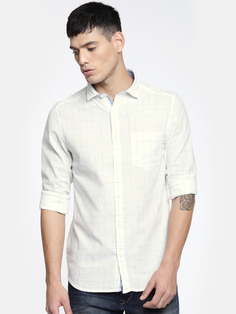 

John Miller Hangout Men White & Green Smart Slim Fit Checked Casual Shirt