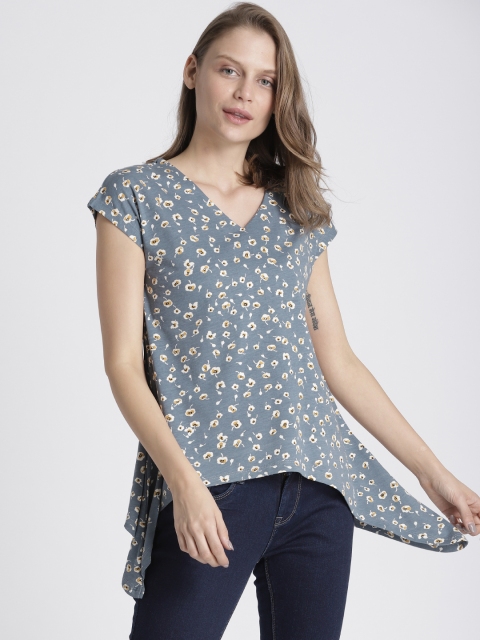 

Chemistry Women Blue Printed A-Line Asymmetric Hem Top