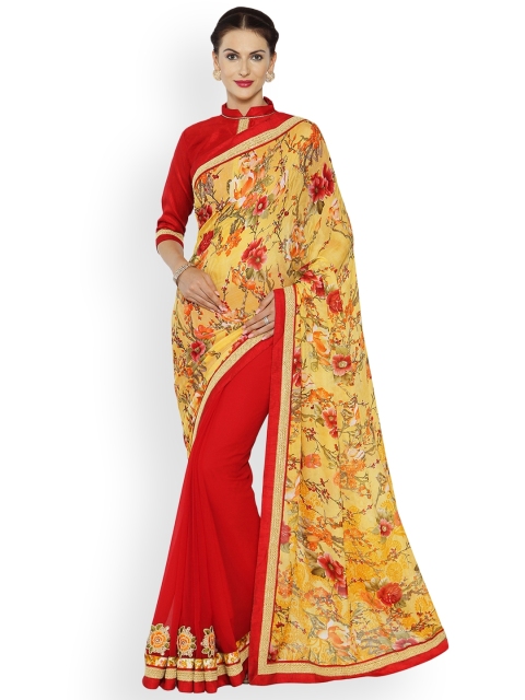 

Indian Women Yellow & Red Poly Georgette Embellished Saree