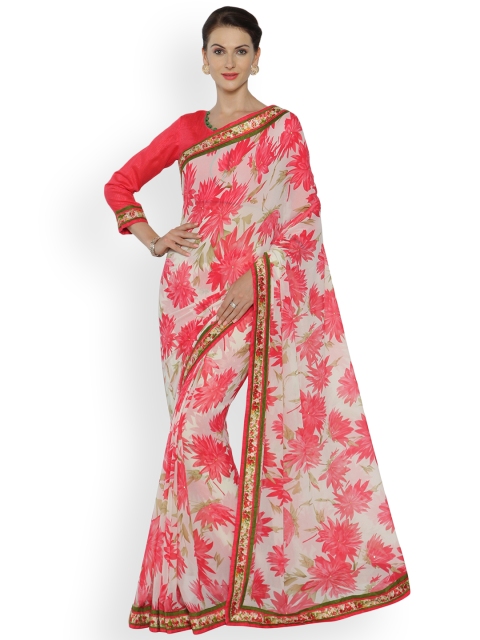 

Indian Women Pink & Off-White Poly Georgette Printed Saree