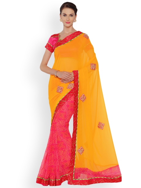 

Indian Women Yellow & Pink Poly Georgette Embellished Bandhani Saree