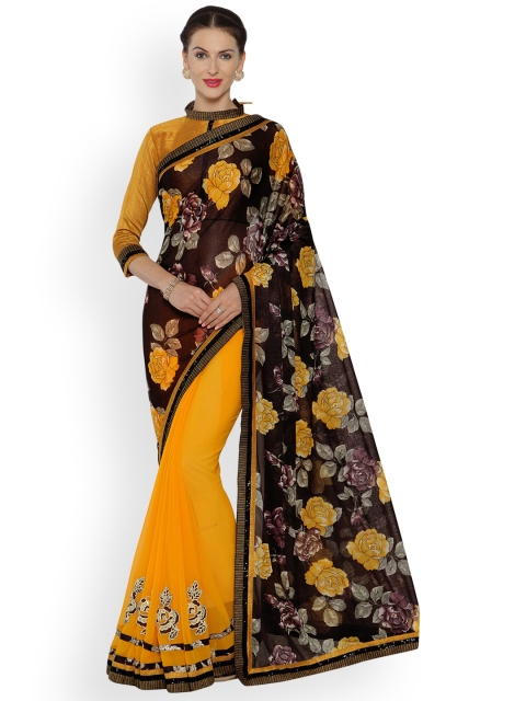 

Indian Women Black & Yellow Poly Georgette Embellished Saree