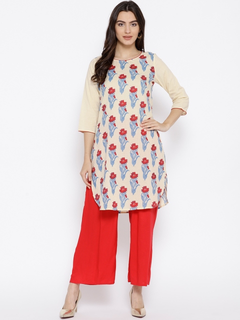 

Melange by Lifestyle Women Beige Printed Straight Kurta