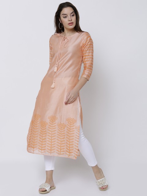 

Vishudh Women Peach-Coloured Solid Straight Kurta