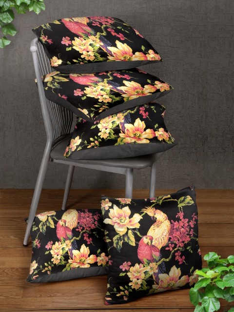 

HOUZZCODE Black Set of 5 Floral Square Cushion Covers