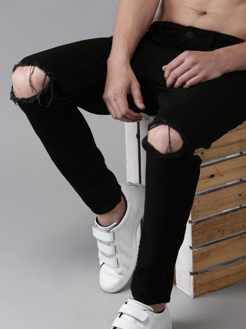 

Moda Rapido Men Black Slim Fit Mid-Rise Slash Knee Stretchable Cropped Jeans