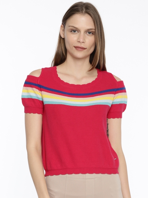 

ONLY Women Pink Striped Cold-Shoulder Top