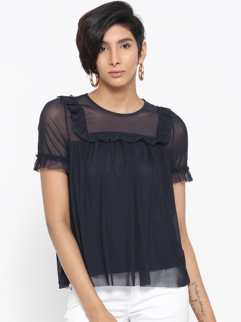 

ONLY Women Navy Blue Solid Semi-Sheer A-Line Top
