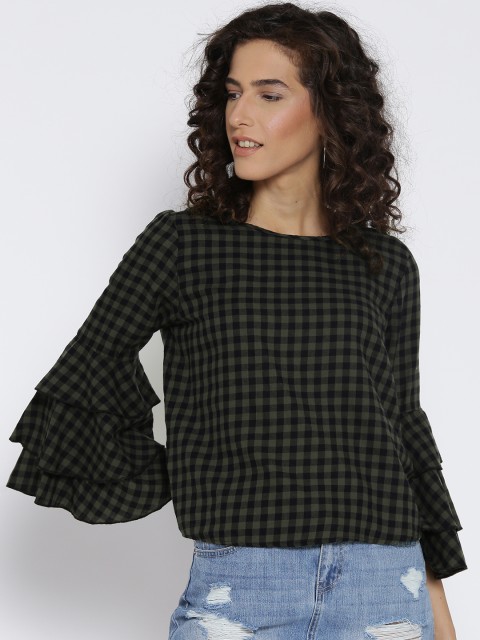 

ONLY Women Olive Green & Black Checked Top