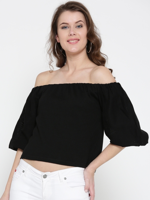 

ONLY Women Black Solid Crop Bardot Pure Cotton Top