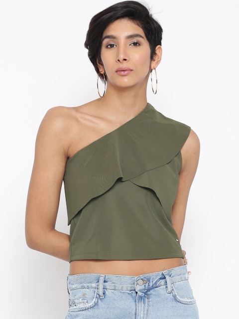 

ONLY Women Olive Green Solid One Shoulder Crop Top