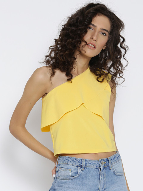 

ONLY Women Yellow Solid One-Shoulder Crop Top