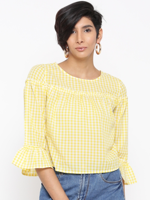 

ONLY Women Yellow & White Checked Pure Cotton Top