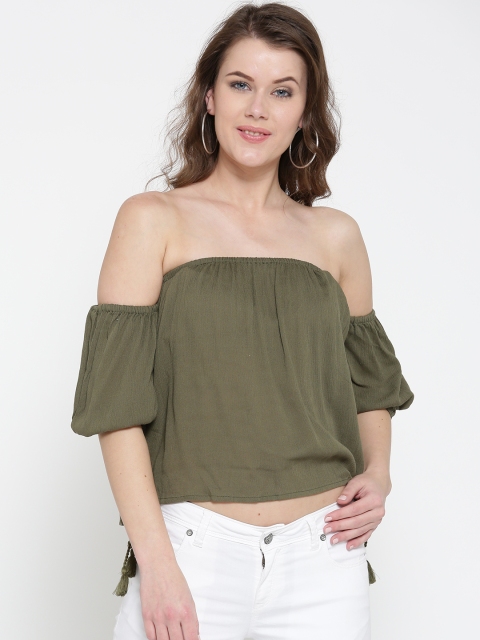 

ONLY Women Olive Green Solid Crop Bardot Top