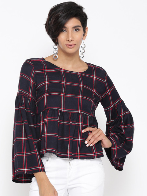 

ONLY Women Navy & Red Checked A-Line Top, Navy blue