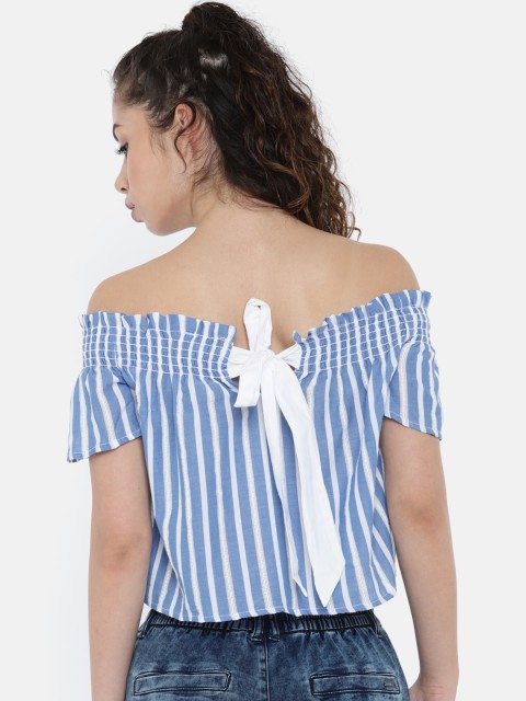 

ONLY Women Blue & White Striped Crop Bardot Pure Cotton Top