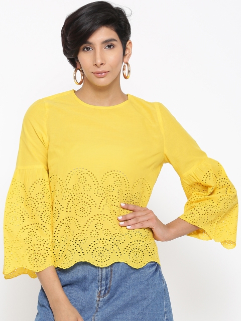 

ONLY Women Yellow Schiffli Embroidered Pure Cotton Top