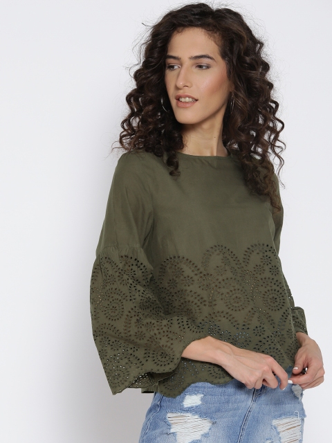 

ONLY Women Olive Green Self Design Pure Cotton Top