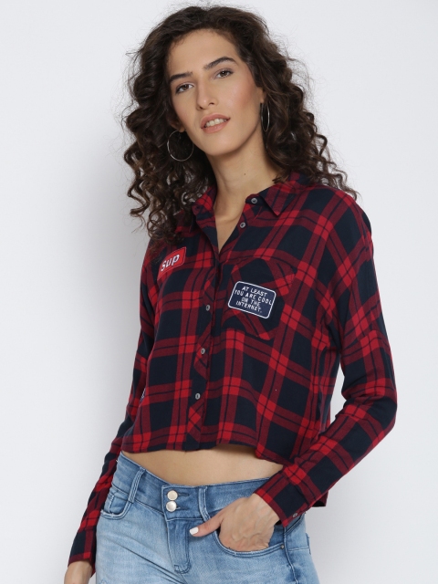 

ONLY Women Red & Navy Blue Checked Crop Casual Shirt