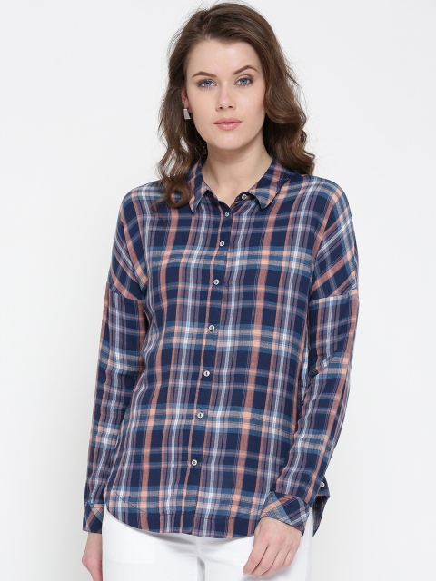 

ONLY Women Blue & Peach-Coloured Checked Casual Shirt