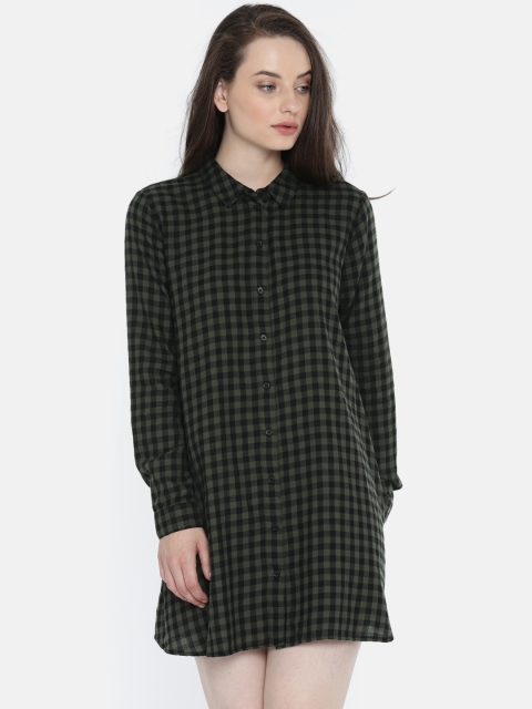 

ONLY Women Olive Green & Black Checked Shirt Dress