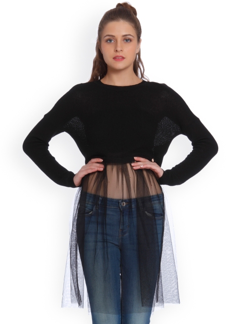 

ONLY Women Black Solid A-Line Semi-Sheer Longline Top