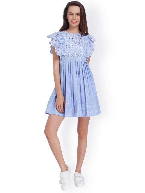 

ONLY Women Blue & White Striped Fit and Flare Dress