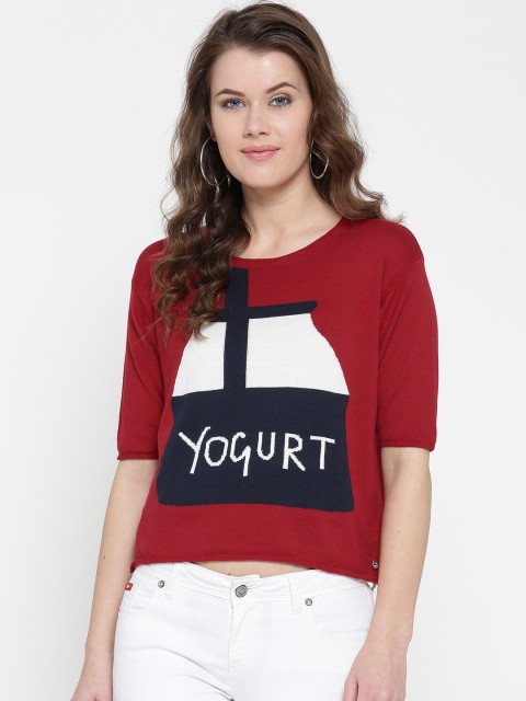 

ONLY Women Red Self-Design Round Neck T-shirt